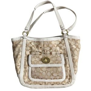 Coach Signature Khaki/Brown Satchel Handbag Monogram Print With Leather Details